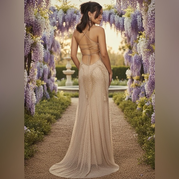 Attitudes by Debra Dresses & Skirts - Elegant Beaded hand beaded, gold, Backless Gown